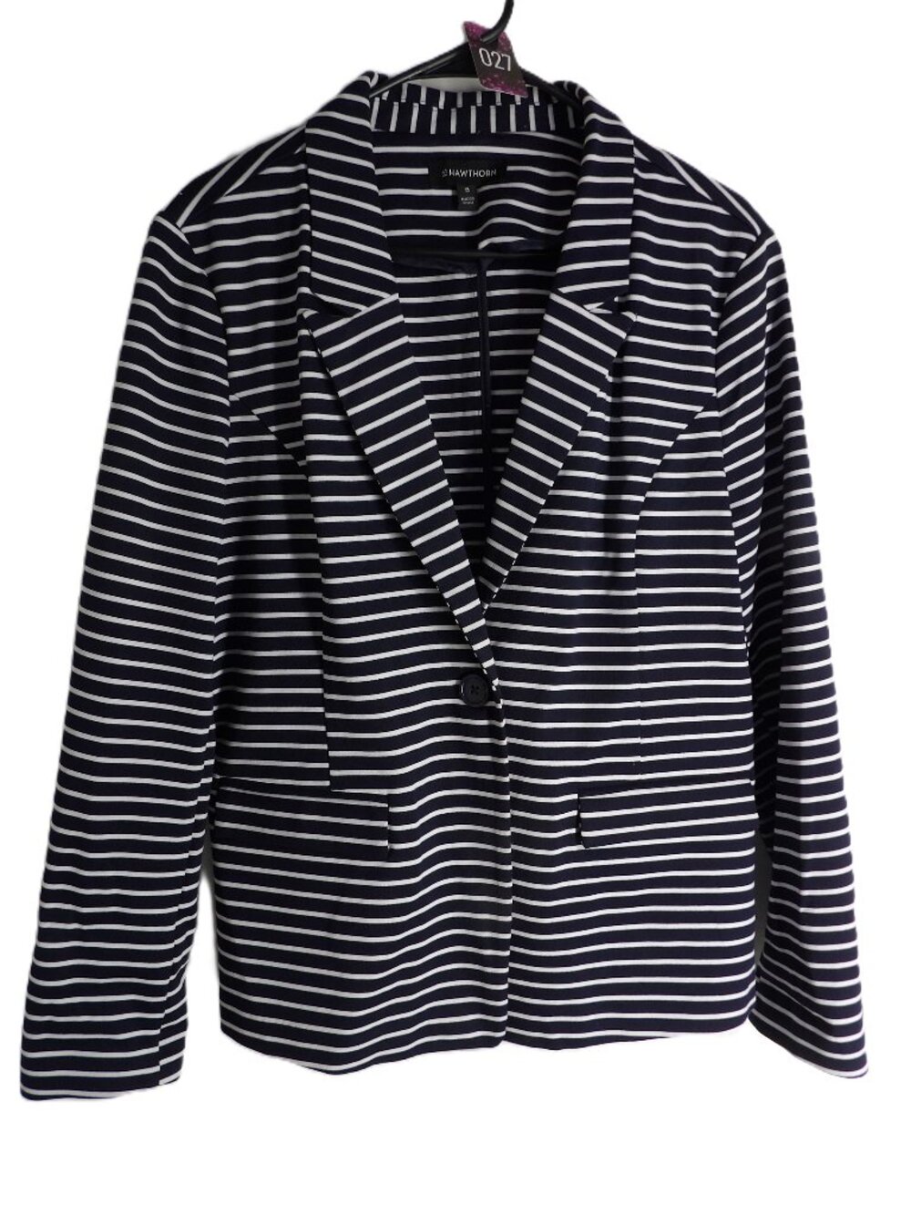 Hawthorn, navy blue and white striped blazer jacket with faux pockets